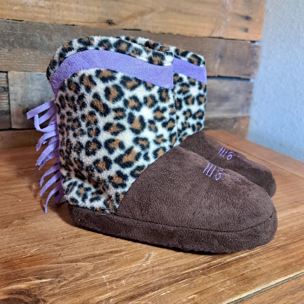 (KIDGETS) BROWN FOOTWEAR COWGIRL BOOTIE CHEETAH SLIPPERS SIZE‎ L (9/10)